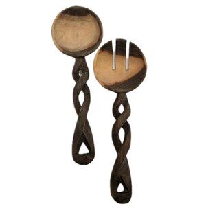 Vintage MCM Braided Wood Salad Serving Set Dining Rustic Country Primitive